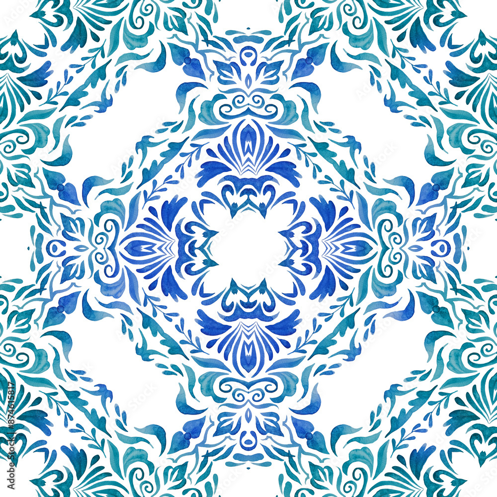 Fototapeta premium Azulejo spanish tile with flowers. Gorgeous seamless blue floral watercolor pattern tiles. Portuguese style ceramic tile design