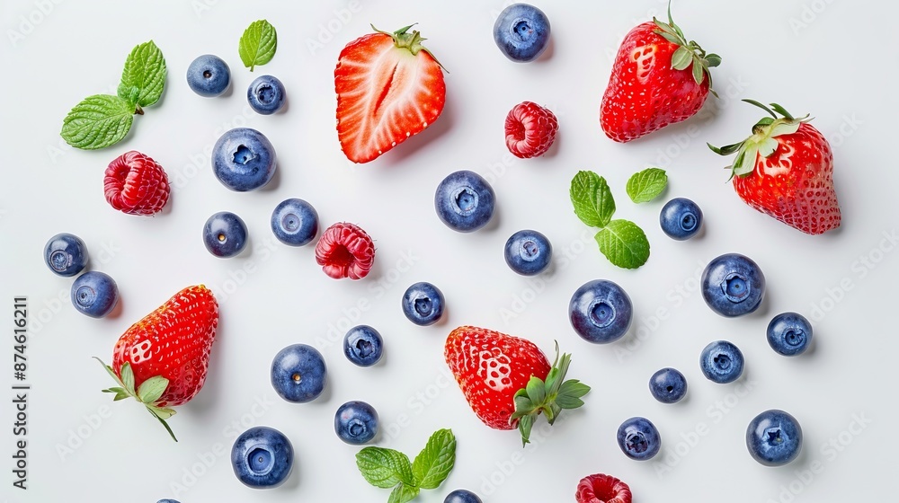 Fresh berries scattered on a white background create a vibrant mix. The composition includes blueberries and strawberries with hints of green leaves. Perfect for health and food-related content. AI Fresh berries scattered on a white background create a vibrant mix. The composition includes blueberries and strawberries with hints of green leaves. Perfect for health and food-related content. AI