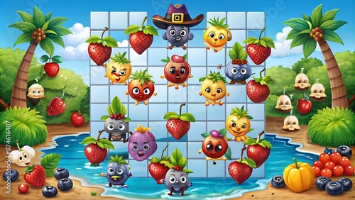 Crossword grid. Cartoon berry pirates and corsairs on island. Word quiz vector game worksheet of crossword with rosehip, grape and currant, blueberry, honeyberry and raspberry, strawberry, cherry photo