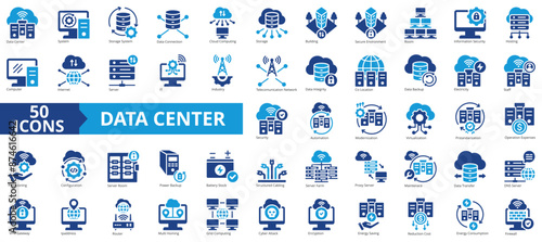 Data center icon collection set. Containing cloud computing, security, hosting, computer, internet, server, information technology icon. Simple flat vector illustration.