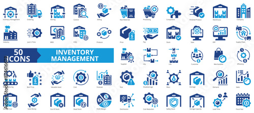 Inventory management icon collection set. Containing warehouse, company, industry, supply chain, storage, manufacturing, component icon. Simple flat vector illustration.