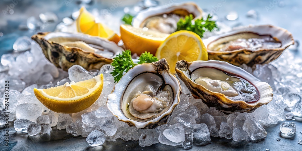 Still life image of fresh oyster on ice with a slice of lemon , seafood, gourmet, delicacy, raw, fresh Still life image of fresh oyster on ice with a slice of lemon , seafood, gourmet, delicacy, raw, fresh