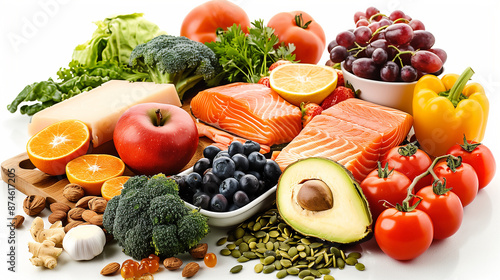 A variety of fruits and vegetables are displayed on a table, including apples, oranges, broccoli, and tomatoes