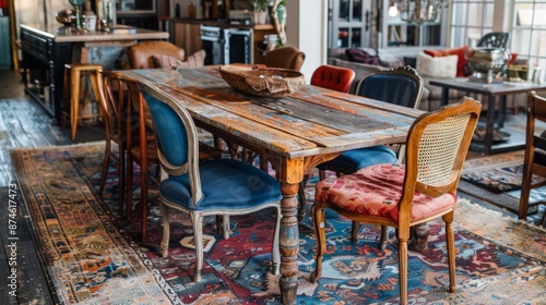 eclectic dining set, mismatched chairs encircling a unique table exemplify eclectic decor, each piece bringing its own charm and character to the setting photo