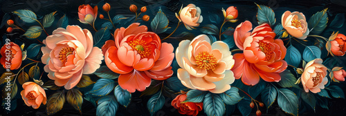 floral botany flowers plants leaves petals flowering blossoming  thriving prolific lush verdant colorful palette Japanese classical painting background 