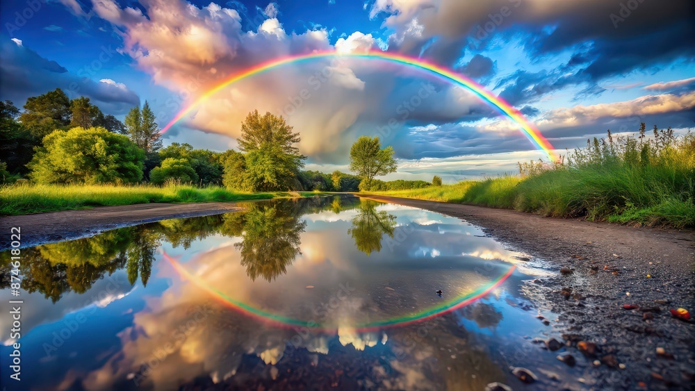 Summer rainbow reflected on calm post-rain puddle, rainbow, reflection, summer, water, colorful, vibrant, nature, weather Summer rainbow reflected on calm post-rain puddle, rainbow, reflection, summer, water, colorful, vibrant, nature, weather