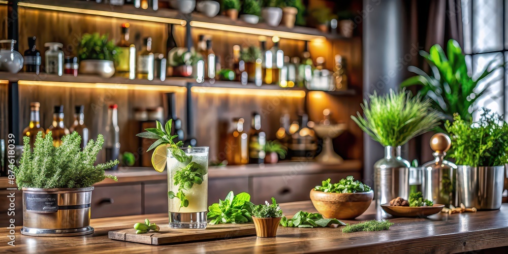 Sophisticated cocktail preparation area with fresh herbs and modern decor , cocktail, preparation, area, fresh herbs Sophisticated cocktail preparation area with fresh herbs and modern decor , cocktail, preparation, area, fresh herbs