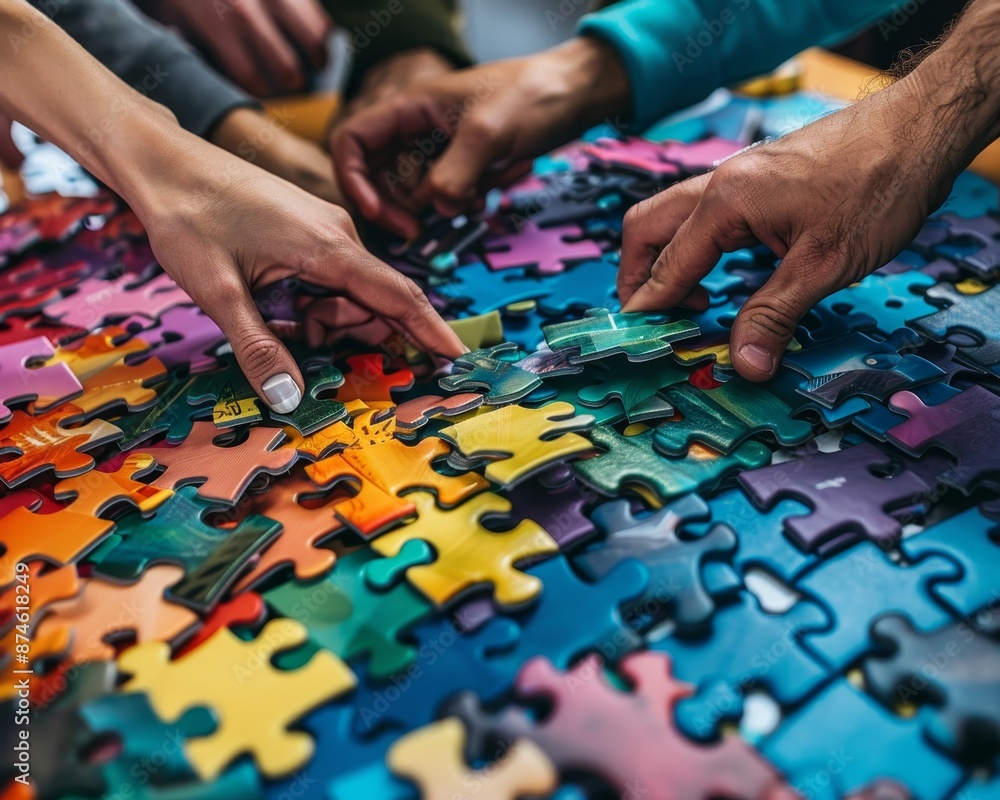 Diverse team solves colorful puzzle, highlighting individual roles in complex creation Diverse team solves colorful puzzle, highlighting individual roles in complex creation