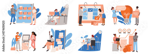 Set of business people in office. Company employees manage time, perform work tasks on computer and communicate with customers online. Flat vector illustration collection isolated on white background