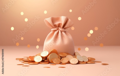 Bag with gold coins in minimalism style, money, currency, bitcoin