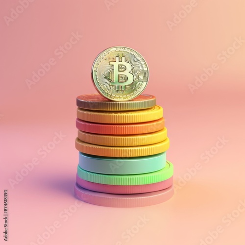 3d rendering of bitcoin coin, money, currency, minimalism, pastel colors