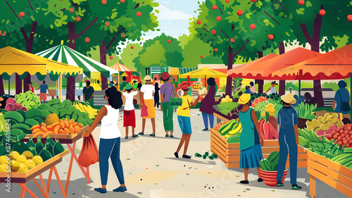 Bustling Farmer's Market with Colorful Stalls and Fresh Produce