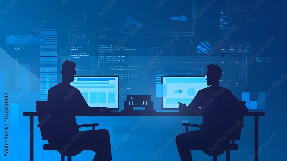 Web Development Dreams Come True: Silhouetted Developers in Discussion with Company Logo Web Development Dreams Come True: Silhouetted Developers in Discussion with Company Logo
