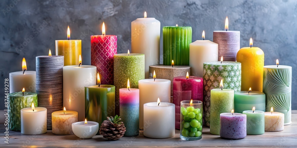 Stylish decorative candles in a variety of shapes, colors