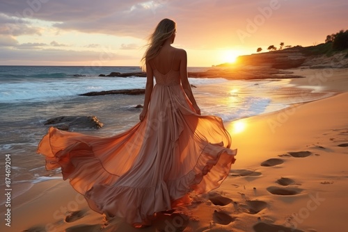 A stunning young woman with long flowing hair and a white dress walks gracefully on the sandy beach as the sun sets, casting a golden glow around her.