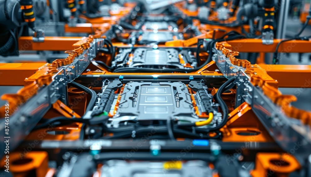 Close up view of electric vehicle battery cell assembly line in mass production process Close up view of electric vehicle battery cell assembly line in mass production process