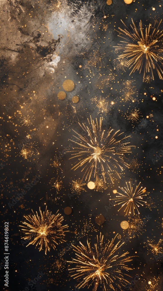 Naklejka premium Silvester 2023, New Year's Eve, New Year, Festival Party celebration holiday backgrounds - Golden firework fireworks on dark night sky stock photo