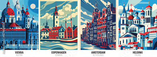 Set of european city posters including Vienna Copenhagen Amsterdam and Helsinki