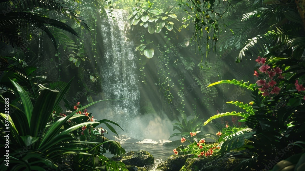 Obraz premium waterfall in the jungle, surrounded by lush vegetation and spring flowers generative ai