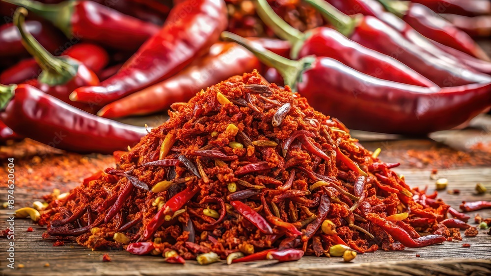 Fototapeta premium Spicy red chili pepper flakes and dry paprika pile isolated on background, spicy, red, chili, pepper, flakes, dry, paprika
