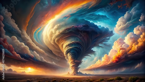 Surreal depiction of an immense tornado with swirling clouds and vibrant colors, tornado, surreal, immense, swirling