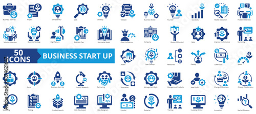 Business startup icon collection set. Containing project, entrepreneur, company, business, management, development, collaboration icon. Simple flat vector illustration.