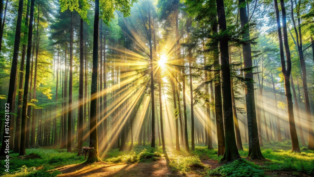 Obraz premium Sun rays streaming through dense trees in a forest, sunlight, nature, woods, trees, green, scenery, shadows, tranquil