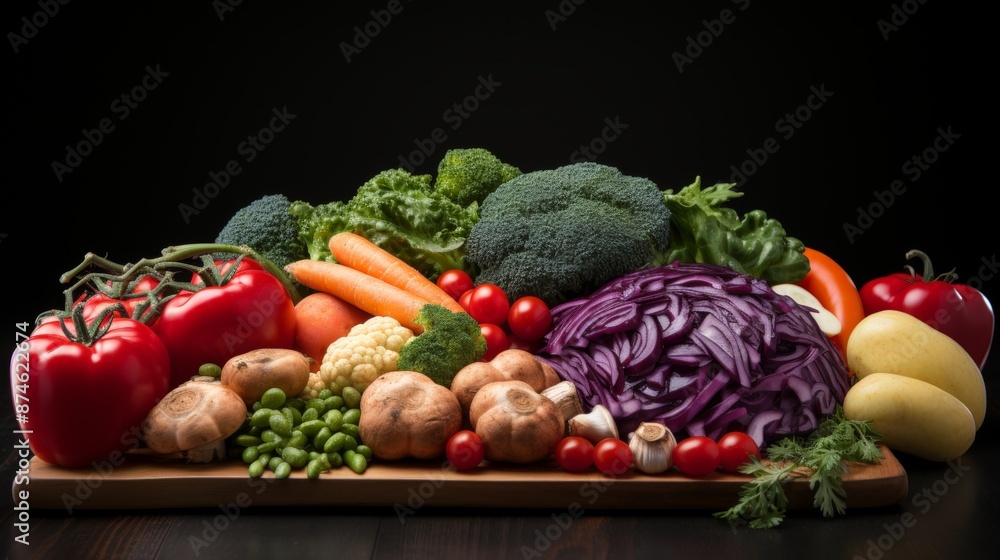 Assortment of fresh veggies and fruits like broccoli, carrots, tomatoes, mushrooms, and cauliflower on a wooden table. Ideal for healthy eating, nutrition, and culinary concepts. Assortment of fresh veggies and fruits like broccoli, carrots, tomatoes, mushrooms, and cauliflower on a wooden table. Ideal for healthy eating, nutrition, and culinary concepts.