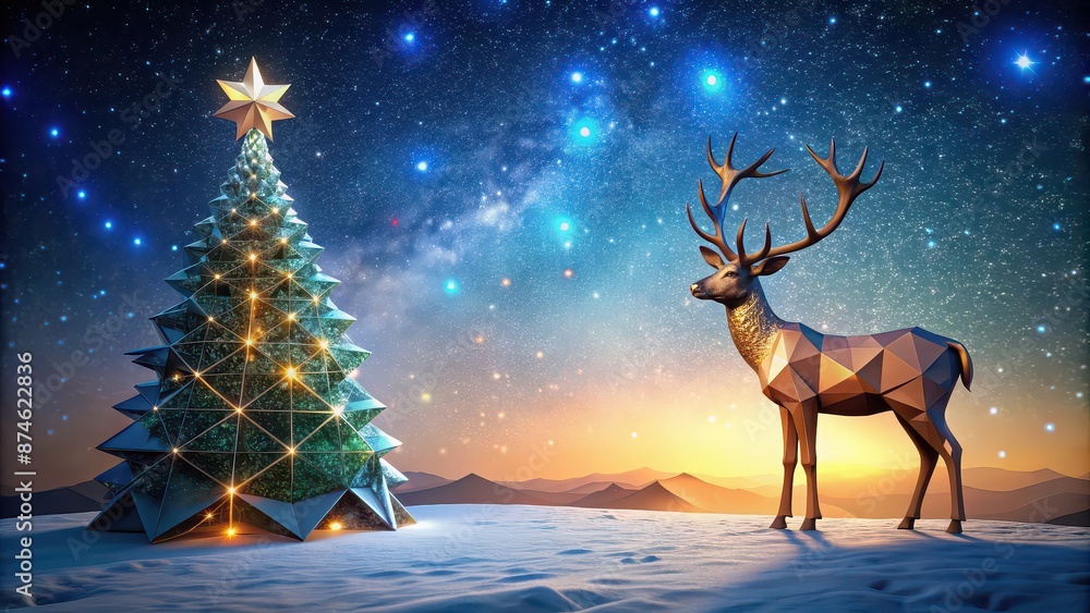 Stylized reindeer next to low-poly Christmas tree under starry sky, reindeer, stylized, low-poly, Christmas tree Stylized reindeer next to low-poly Christmas tree under starry sky, reindeer, stylized, low-poly, Christmas tree