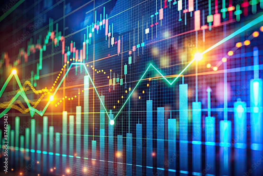 Vibrant digital display showcases a thriving stock market, illuminated by glowing charts and graphs on a dark background, highlighting exponential growth and financial success. Vibrant digital display showcases a thriving stock market, illuminated by glowing charts and graphs on a dark background, highlighting exponential growth and financial success.
