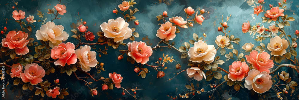 A wallpaper of a rococo blooms flowers dreamy intricate details pastel scheme blue gold tone fantasy fairytale aesthetic rococo luxurious style background, A wallpaper of a rococo blooms flowers dreamy intricate details pastel scheme blue gold tone fantasy fairytale aesthetic rococo luxurious style background,