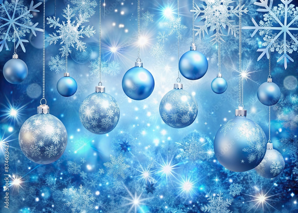 Sparkling blue winter wonderland background with delicate snowflakes gently falling around shimmering Christmas balls and ornaments, evoking a magical holiday atmosphere. Sparkling blue winter wonderland background with delicate snowflakes gently falling around shimmering Christmas balls and ornaments, evoking a magical holiday atmosphere.