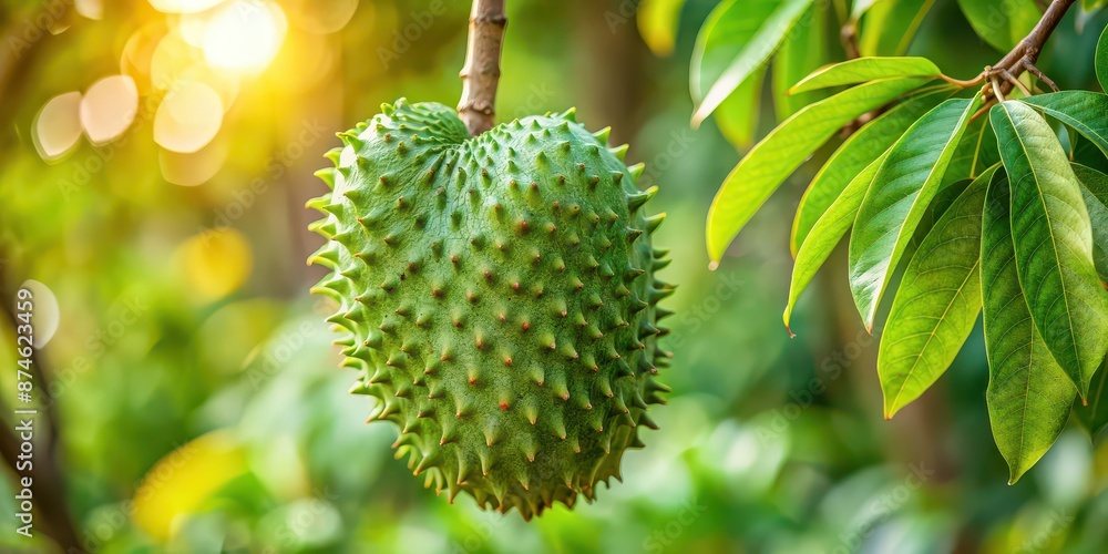 Soursop fruit hanging on tree in Caribbean, known for its anti-cancer medicinal properties , Soursop, fruit Soursop fruit hanging on tree in Caribbean, known for its anti-cancer medicinal properties , Soursop, fruit