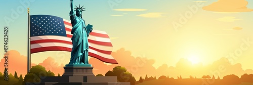 A digital illustration of the Statue of Liberty with the American flag in the background. Ideal for patriotic designs for 4th of July or Memorial Day.