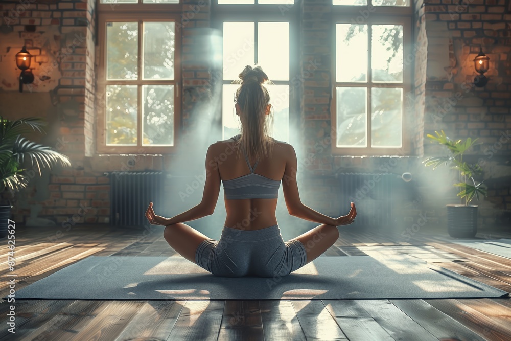 Woman Practicing Yoga In A Sunlit Loft Studio Woman Practicing Yoga In A Sunlit Loft Studio