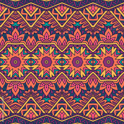 Abstract geometric doodle mandala flower seamless pattern ornamental. Textile tribal ethnic print vector