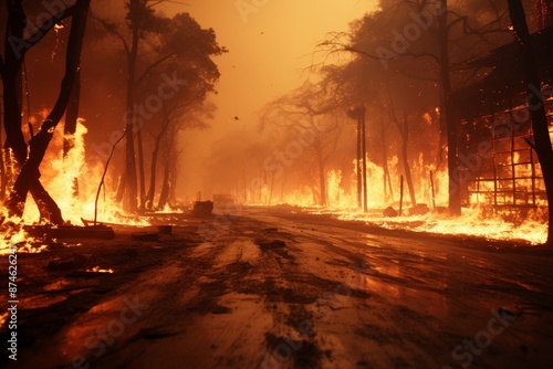 Wildfire in California ravaging residential areas, putting lives at risk. Firefighters battling intense flames against harsh winds, struggling to control the inferno. © Dipsky
