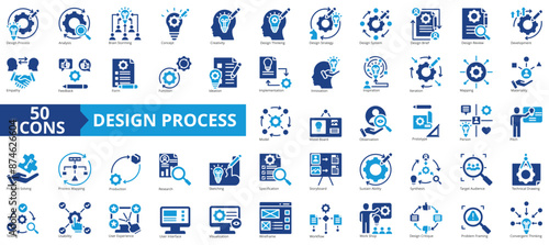 Design process icon collection set. Containing analysis, brainstorming, concept, creativity, design thinking, strategy, design brief icon. Simple flat vector illustration.