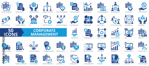 Corporate management icon collection set. Containing business, financial, process, team building, project, innovation, brand icon. Simple flat vector illustration.