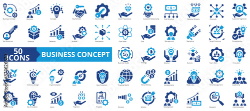 Business concept icon collection set. Containing products, revenue, services, distribution, core value, cost, management icon. Simple flat vector illustration.