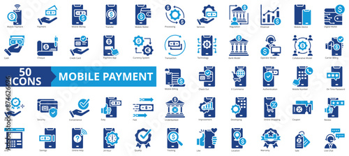 Mobile payment icon collection set. Containing money, transfer, authentication, process, services, regulation, financial icon. Simple flat vector illustration.