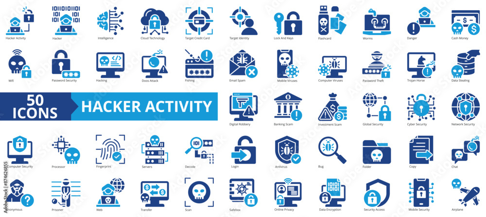 Hacker activity icon collection set. Containing hacker activity, artificial intelligence, cloud technology, worm virus, hacking, phishing, encryption icon. Simple line vector illustration. Hacker activity icon collection set. Containing hacker activity, artificial intelligence, cloud technology, worm virus, hacking, phishing, encryption icon. Simple line vector illustration.