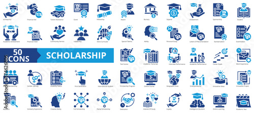 Scholarship icon collection set. Containing financial aid, tuition assistance, grant, fellowship, award, bursary, stipend icon. Simple flat vector illustration.