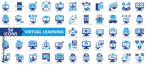 Virtual learning icon collection set. Containing blended learning, lms, gamification, e books, coaching, mentoring, course icon. Simple flat vector illustration.