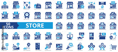 Store icon collection set. Containing retail, shopping centers, department store, trolley, groceries, loyalty program, brands promotions icon. Simple flat vector illustration.