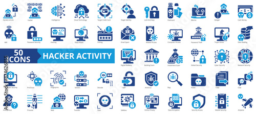 Hacker activity icon collection set. Containing hacker activity, artificial intelligence, cloud technology, worm virus, hacking, phishing, encryption icon. Simple line vector illustration.