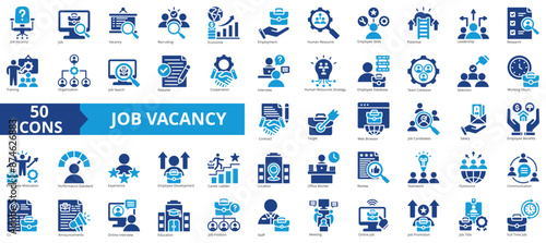 Job vacancy icon collection set. Containing online job search, requirements, recruiting, employment, human resource management, employee skills, career ladder icon. Simple flat vector illustration.