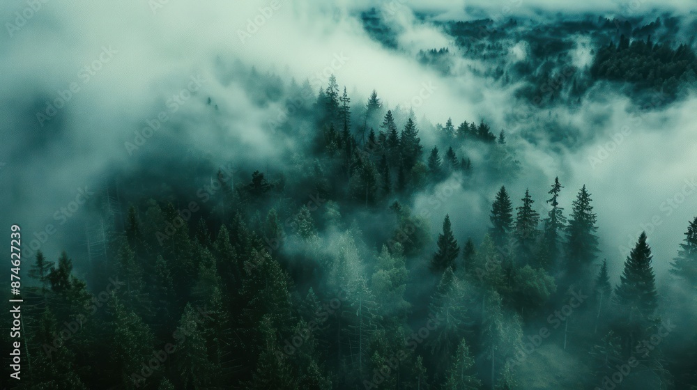 A beautiful dense forest with a thick fog covering the trees A beautiful dense forest with a thick fog covering the trees