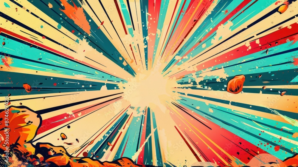 Fototapeta premium A comic colorful explosion with a yellow sun in the middle background