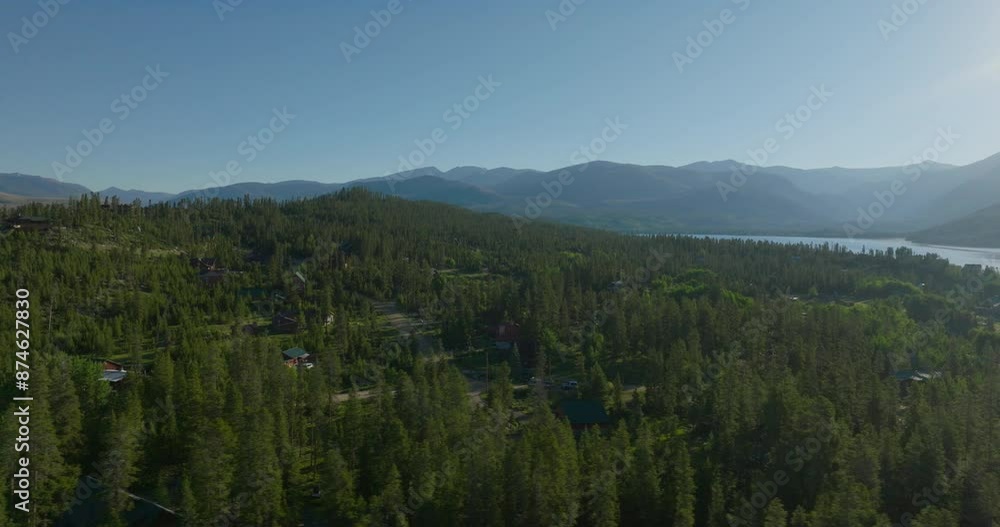 Drone shot of sunrise over the mountains at Shadow Mountain Lake, Colorado Drone shot of sunrise over the mountains at Shadow Mountain Lake, Colorado